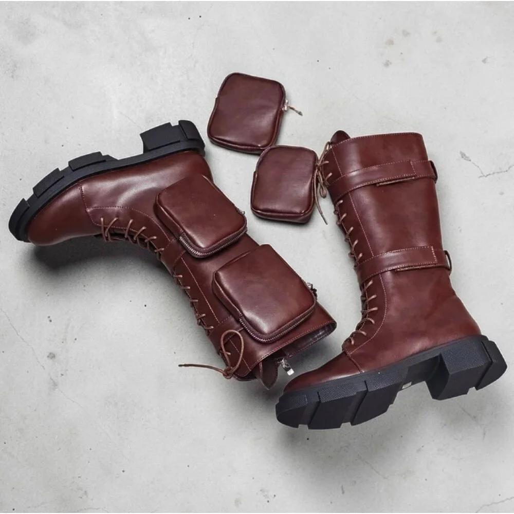 Lace-Up Wine Combat Boots With Detachable Utility Pouches & Side Zippers For Wom - Picture 11 of 12